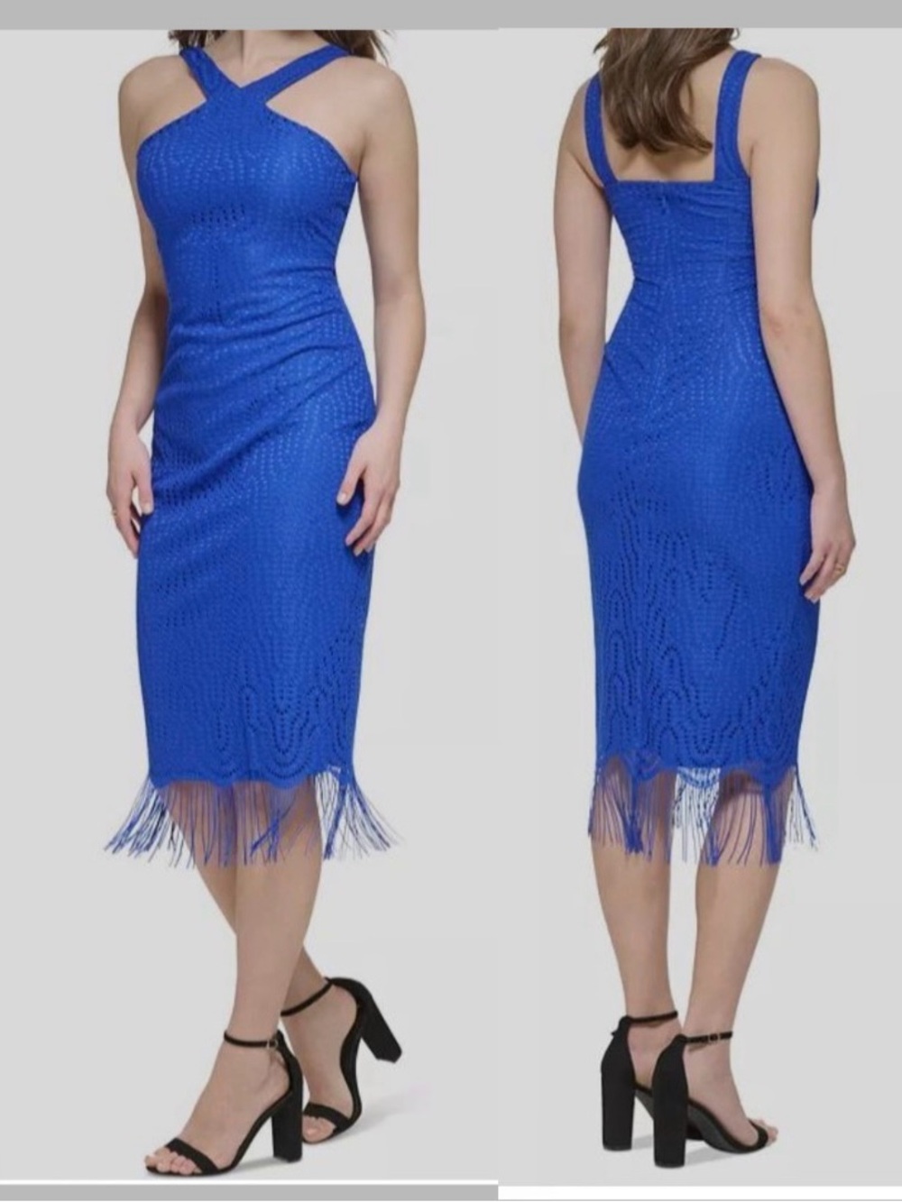 Guess Women's Blue‎ Fringe-Lace Sleeveless Midi Sheath Dress Size 0  | NWT | D2